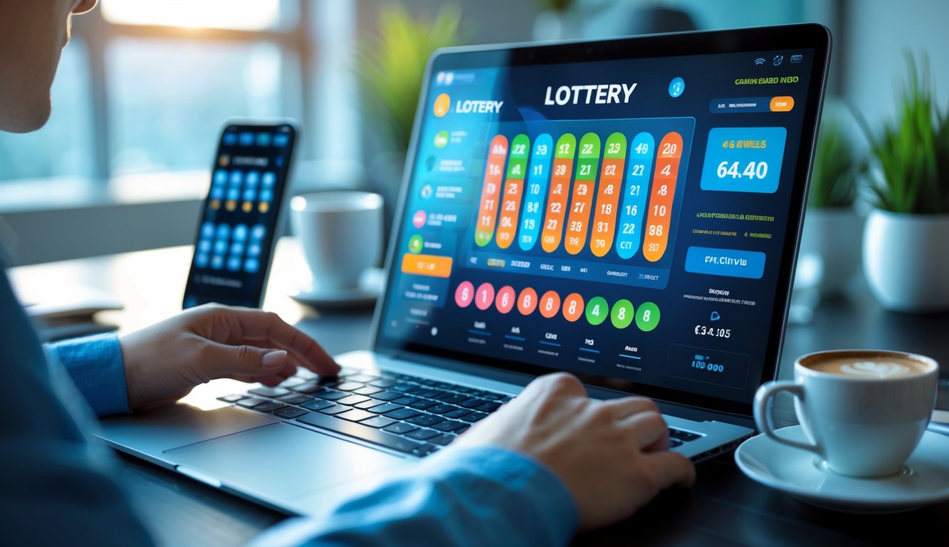 Seorang pengguna sedang melihat layar komputer yang menampilkan angka togel dan grafik digital di meja kerja yang rapi.