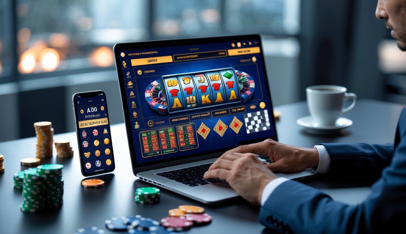 Seseorang duduk di depan laptop dengan tampilan permainan judi online, di meja terdapat kopi dan ponsel, suasana kantor modern.
