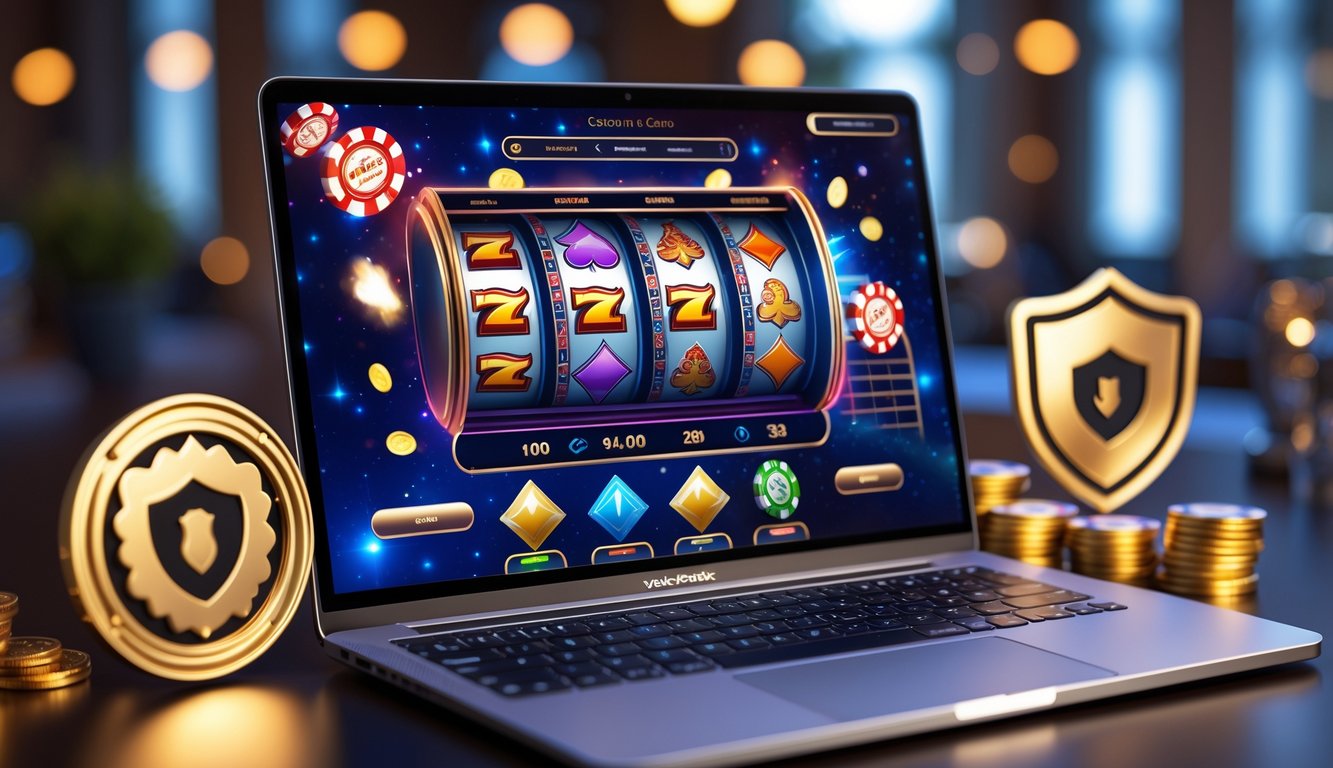 Suasana kasino online yang modern dengan komputer menampilkan permainan kasino dan simbol keamanan di sekitarnya.