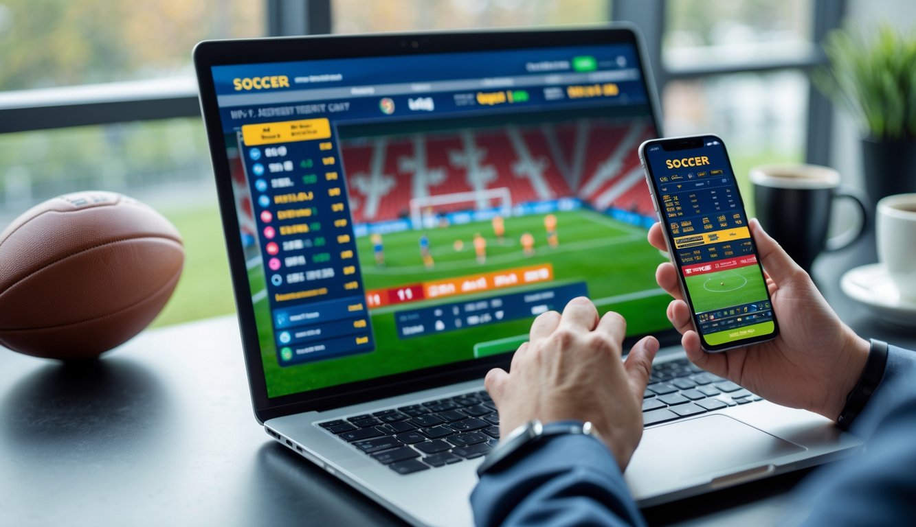 Seseorang menggunakan laptop dan ponsel untuk memasang taruhan pada pertandingan sepak bola secara online di meja kerja.