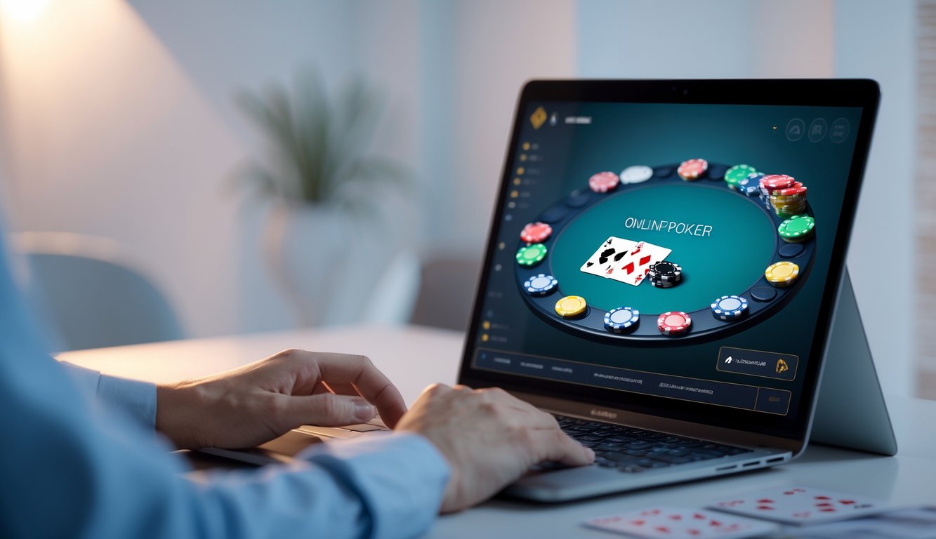 Tampilan laptop dengan meja poker digital dan chip poker berwarna-warni di sebuah ruang kerja modern.