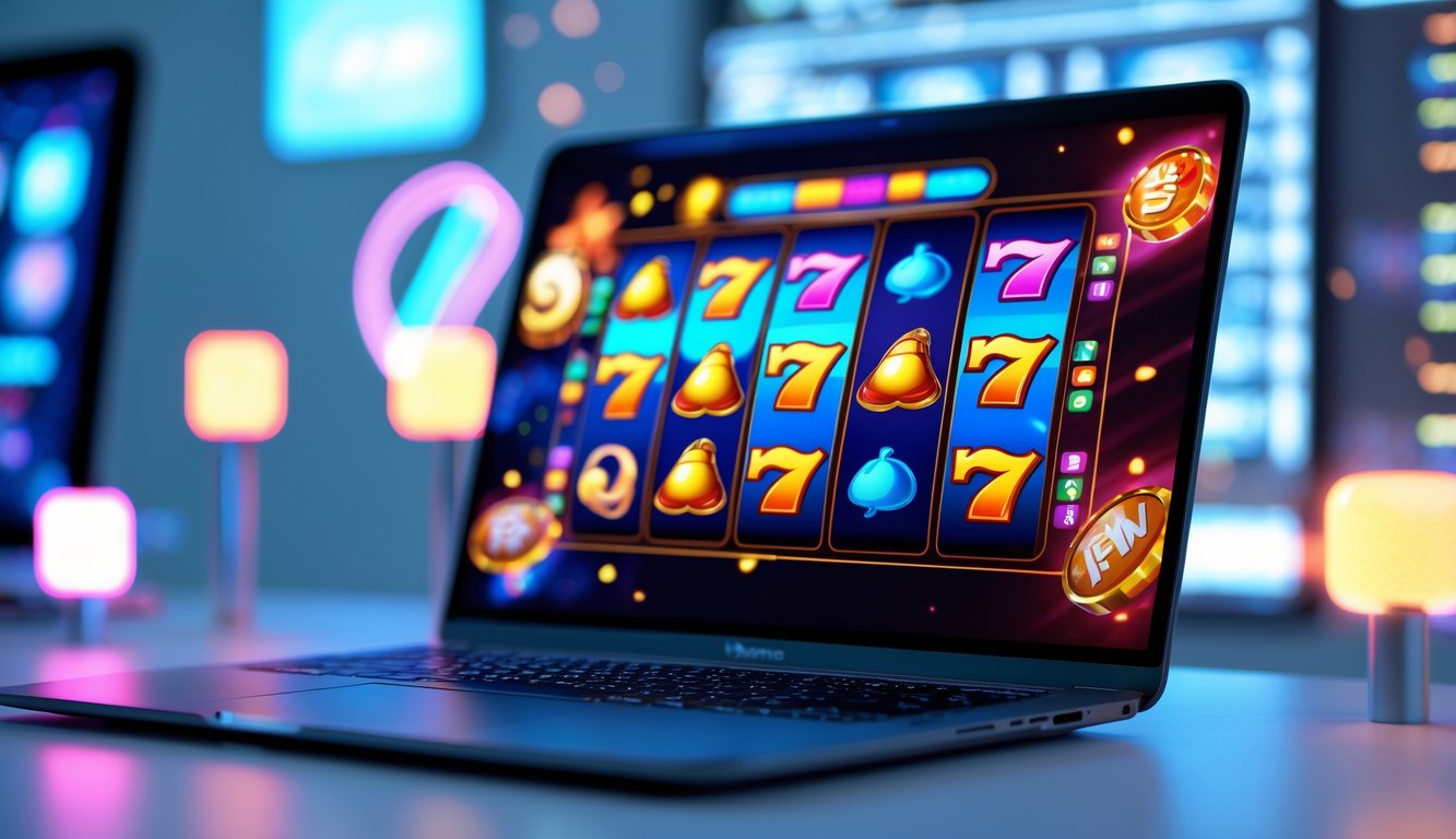 Seseorang sedang bermain permainan slot online di komputer dengan tampilan layar penuh warna dan simbol mesin slot klasik.