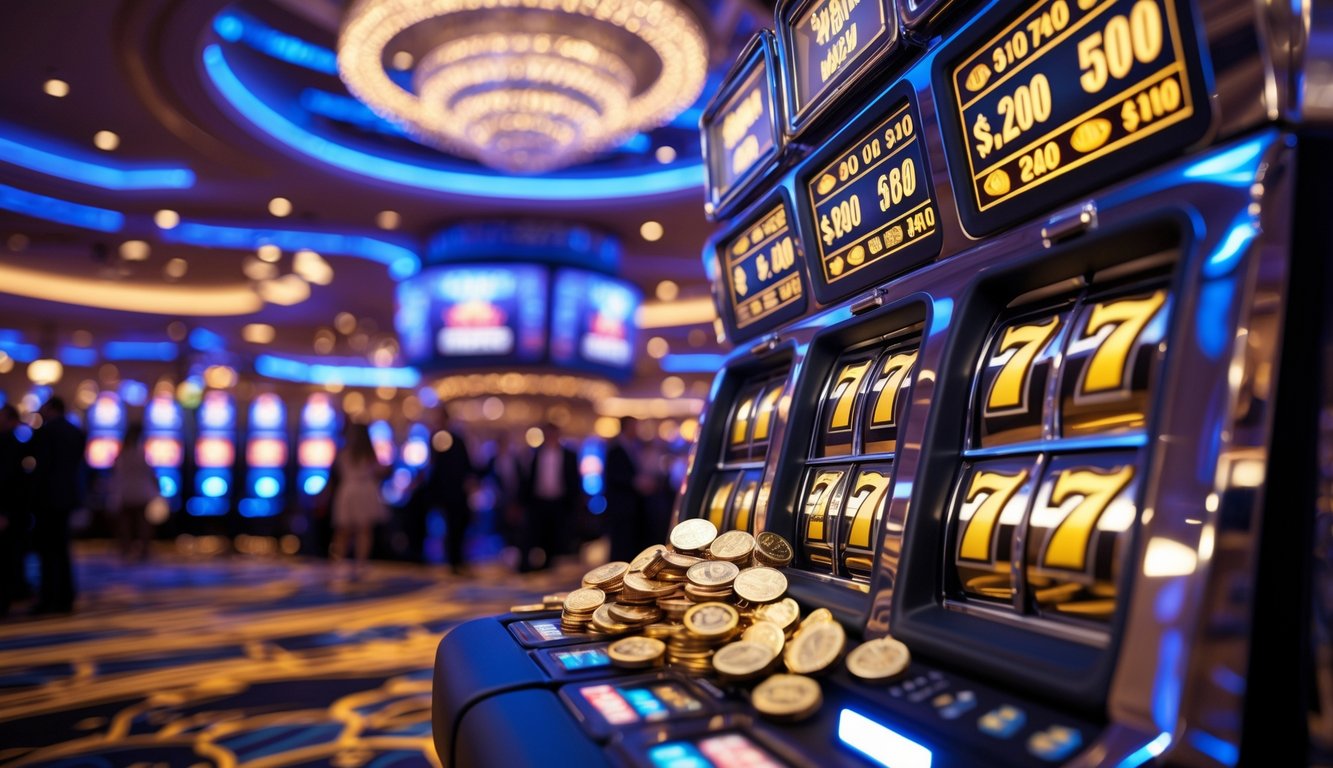Mesin slot yang menyala dengan koin berjatuhan di dalam kasino yang mewah dan ramai.