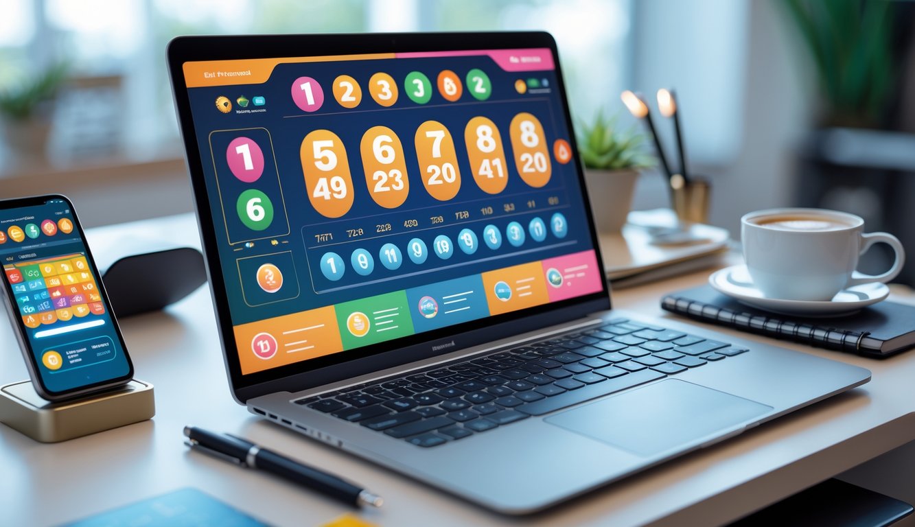 Seorang pria duduk di depan laptop dengan layar menampilkan angka lotere dan grafik, di meja terdapat ponsel, kopi, dan buku catatan.