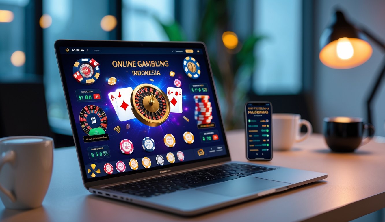 Meja kerja modern dengan laptop yang menampilkan antarmuka kasino online dan ponsel yang menunjukkan aplikasi taruhan.