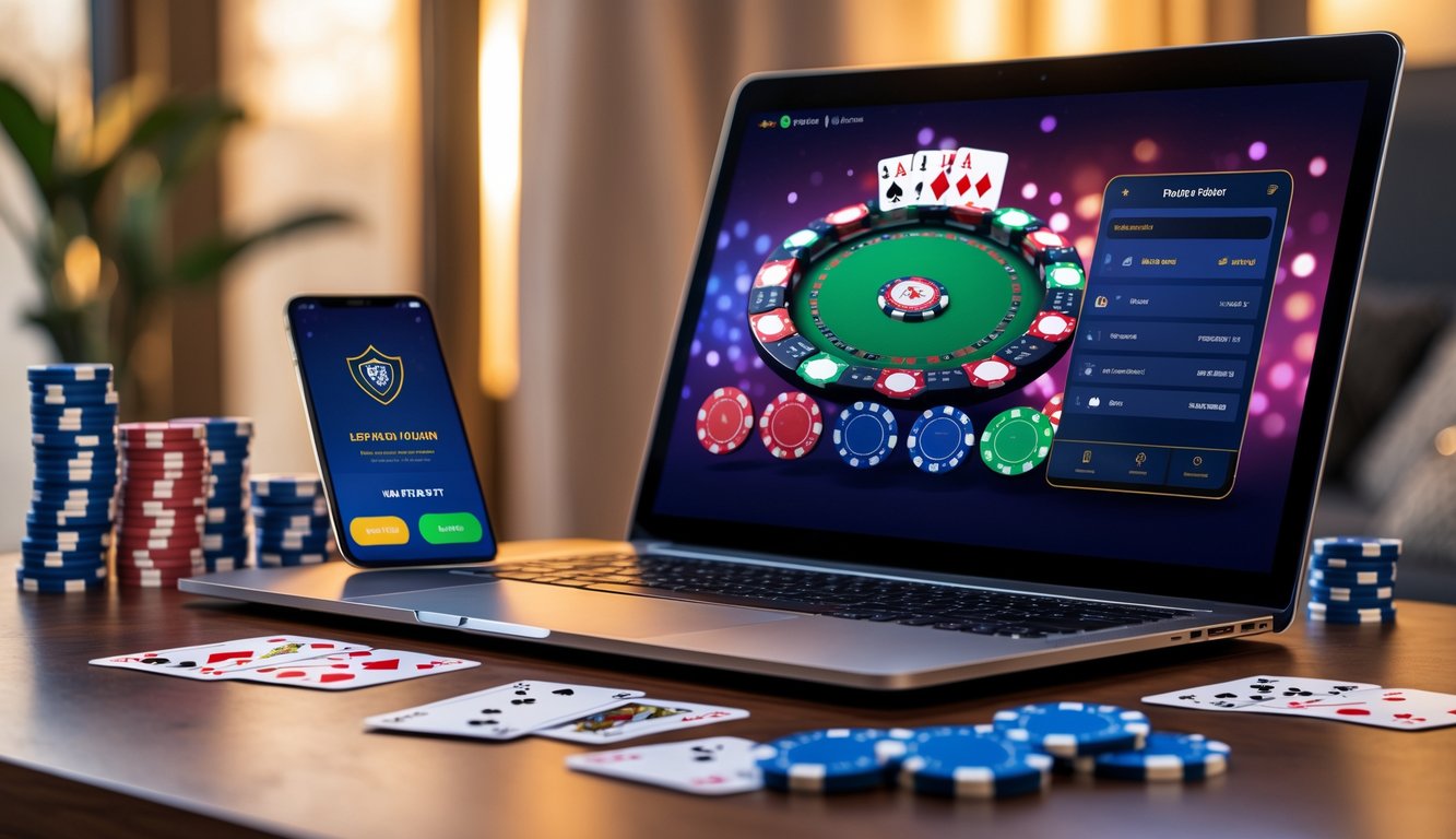 Sebuah laptop dengan permainan poker online di layar dikelilingi oleh chip poker dan kartu remi di atas meja dalam ruangan yang nyaman.