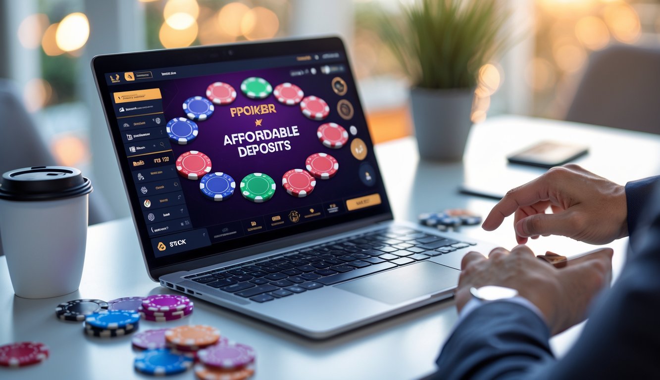 Seseorang bermain poker online di laptop dengan chip poker dan kartu di meja.