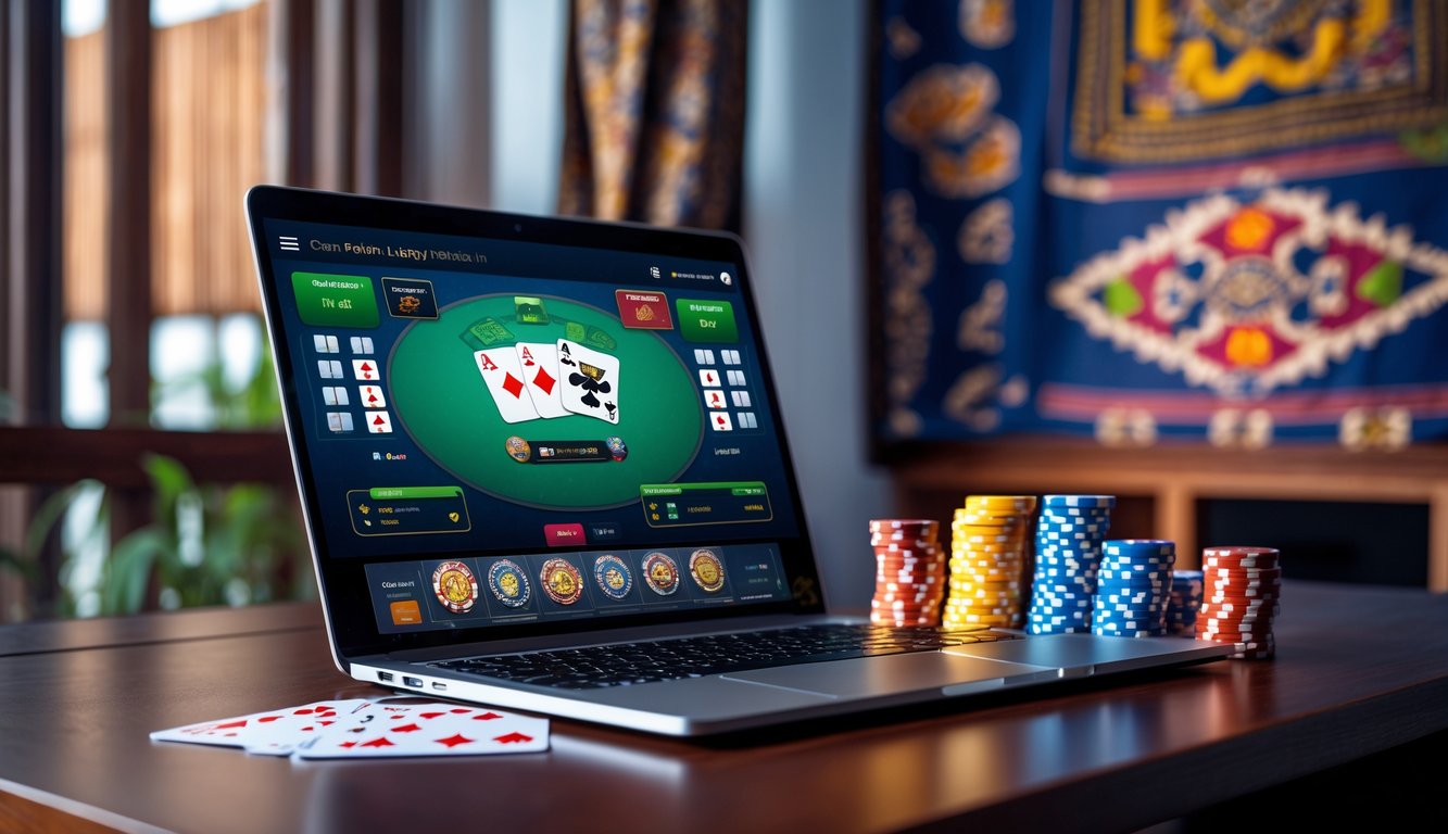 Seseorang sedang bermain poker online di depan laptop dengan chip dan kartu poker di meja, dengan hiasan batik di latar belakang.