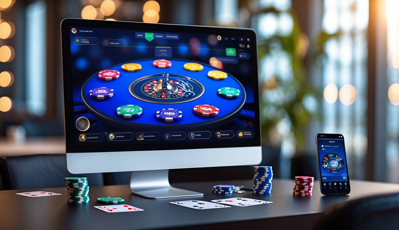 Meja kerja modern dengan monitor menampilkan permainan poker online, chip poker, kartu remi, dan ponsel dengan aplikasi poker.