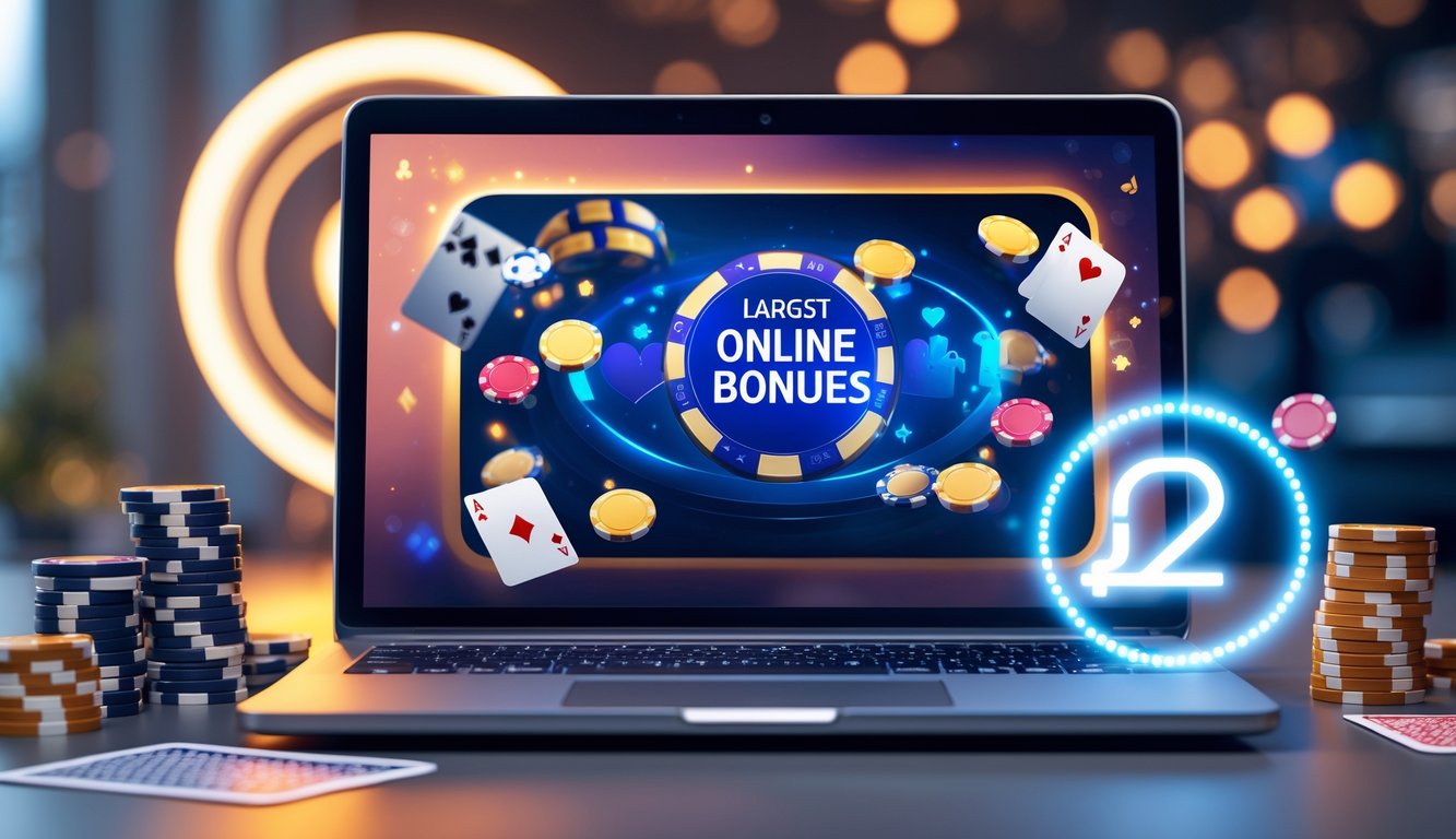Seorang pemain poker online menggunakan laptop dengan tumpukan chip poker dan kartu bermain di meja.