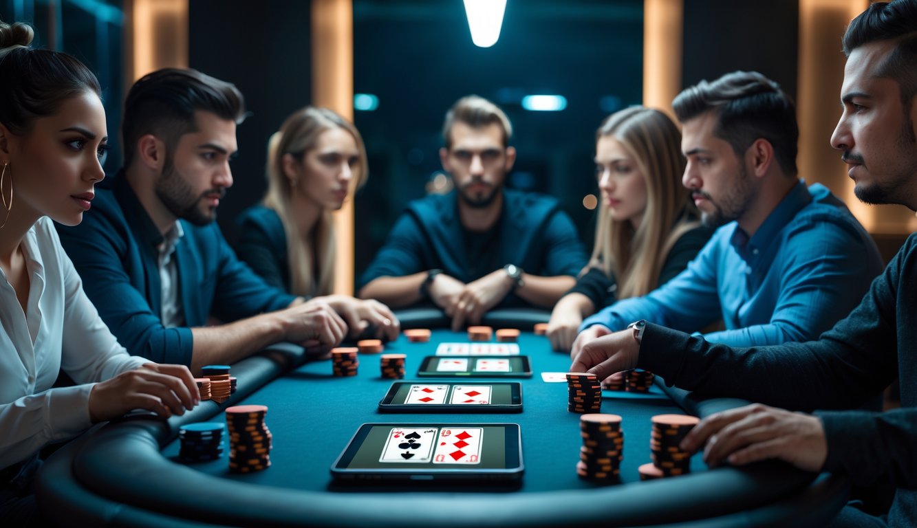 Sekelompok orang bermain poker online dengan perangkat digital di meja poker modern.