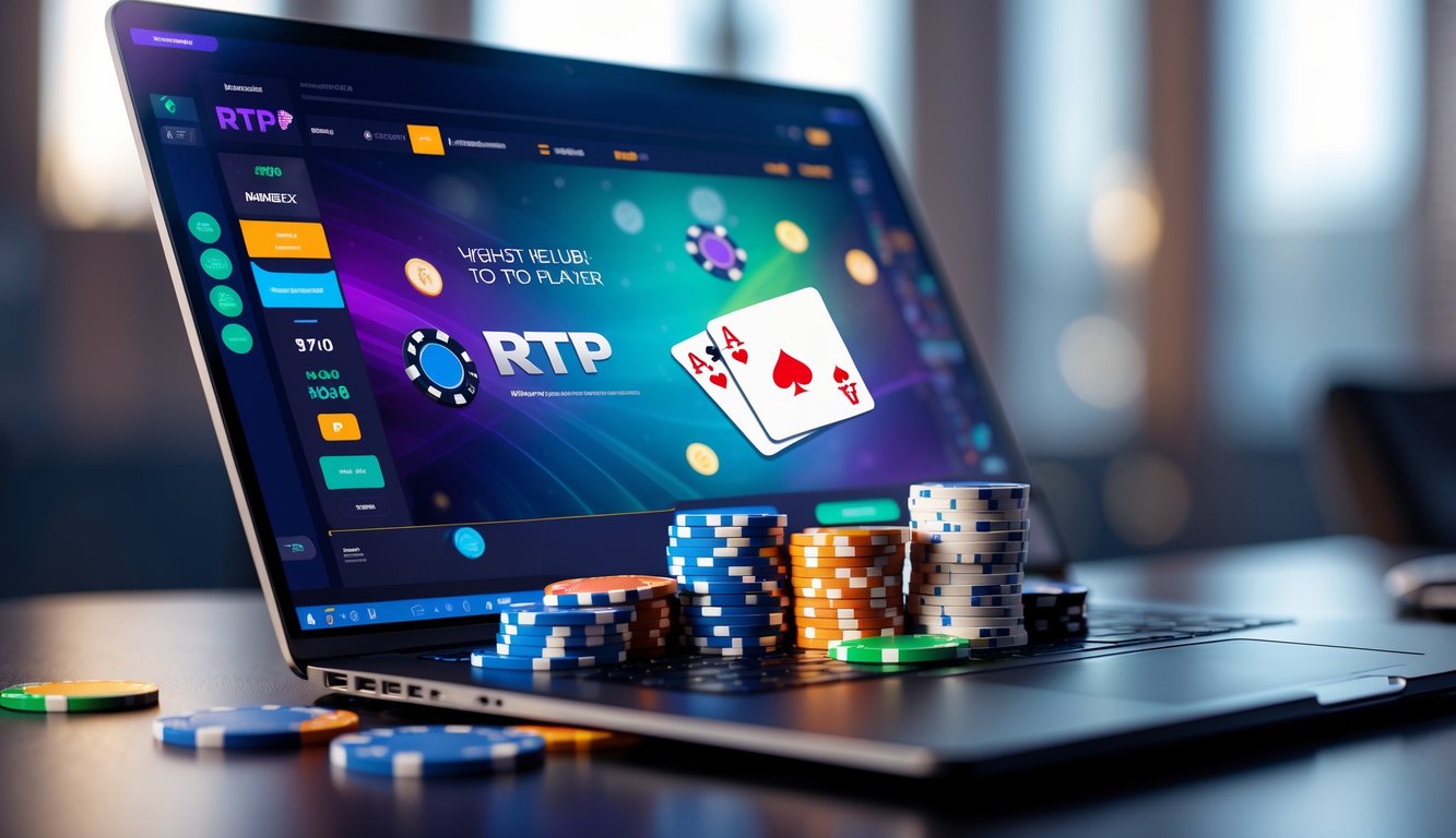 Sebuah laptop modern dengan permainan poker online di layar dan tumpukan chip poker di sampingnya.