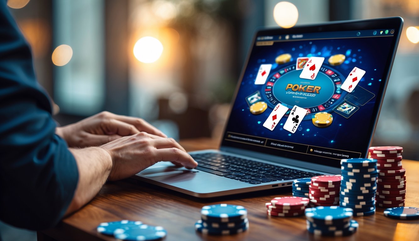 Seorang pemain fokus menggunakan laptop dengan permainan poker online di layar dan tumpukan chip poker di meja kayu.
