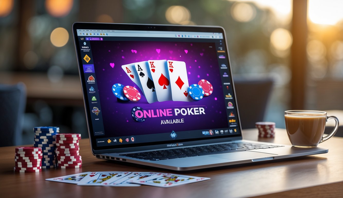 Sebuah meja dengan komputer menampilkan permainan poker online, dikelilingi chip poker dan kartu remi.