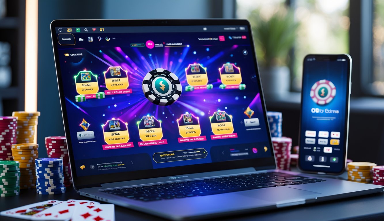 Sebuah setup permainan poker online dengan komputer menampilkan beberapa meja poker, chip, dan kartu di atas meja di dalam ruangan yang terang.