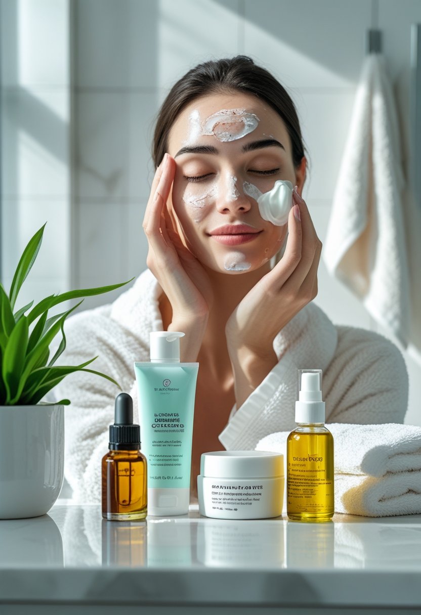 A woman applying moisturizer to her dry face in a bright bathroom with skincare products on the counter.