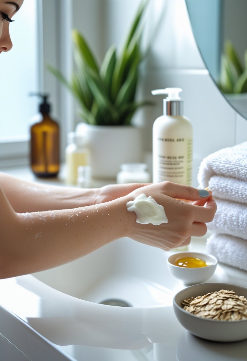 A woman applying moisturizing cream to her forearm in a bright bathroom with skincare products and plants on the counter.
