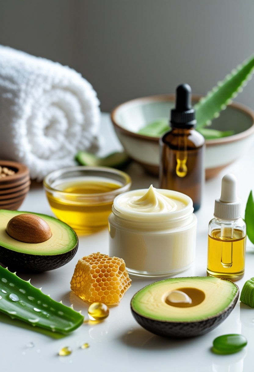 A collection of natural skincare ingredients including shea butter, moisturizing lotion, argan oil, avocado slices, honeycomb, and aloe vera arranged on a white surface with a towel and water in the background.