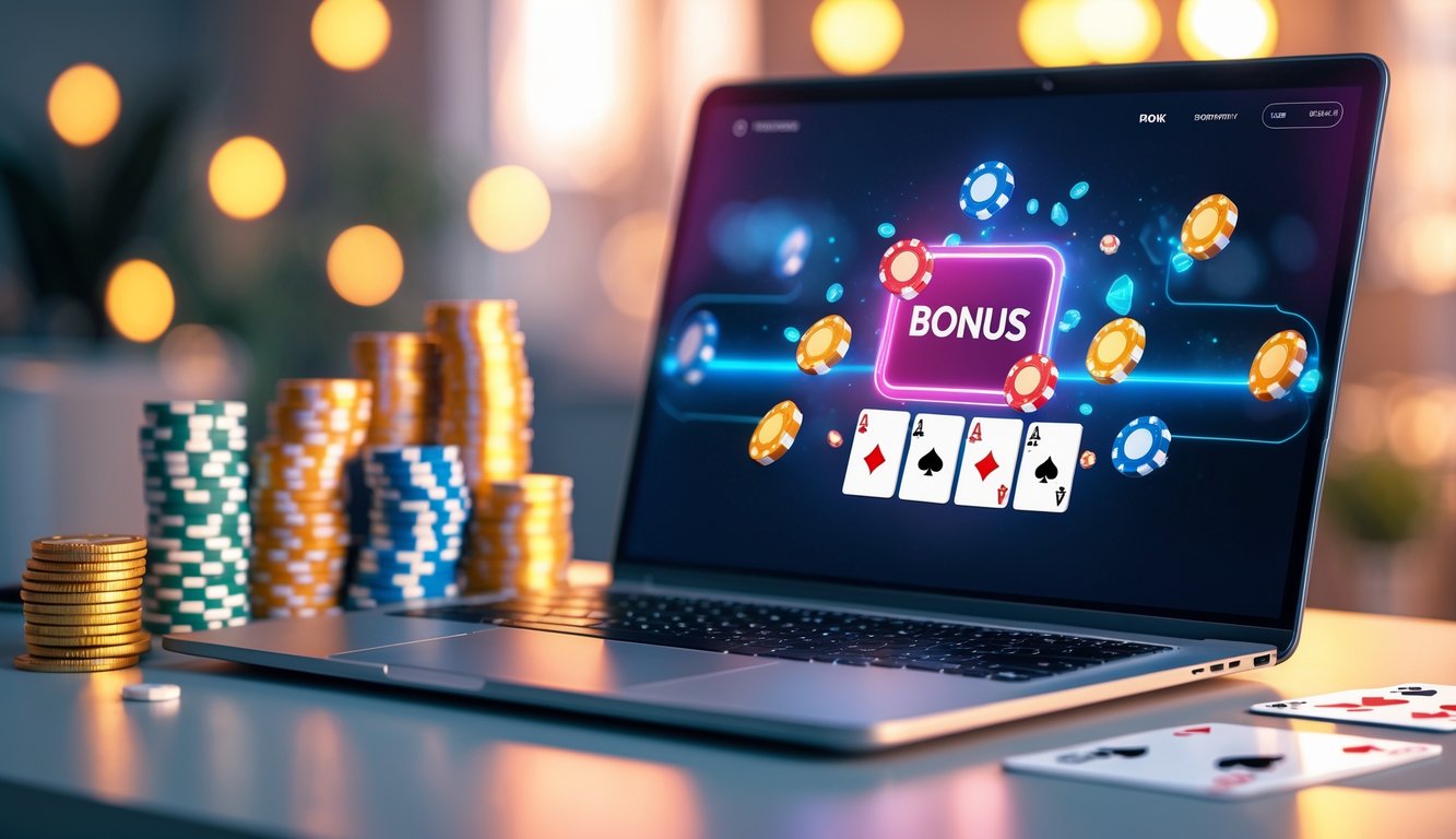 Seorang pemain poker online menggunakan laptop dengan tumpukan chip poker dan kartu bermain di meja.