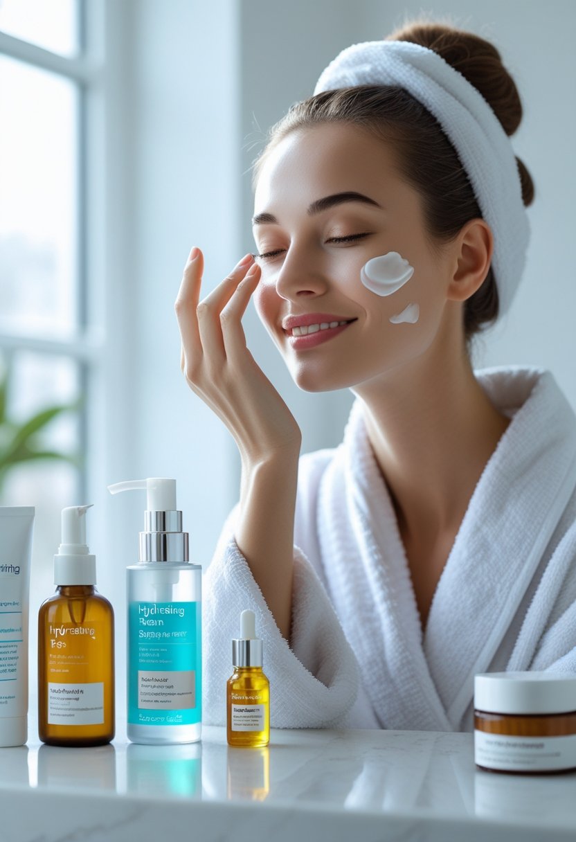 A woman applying moisturizer to her face in a bright bathroom with skin care products on the counter.