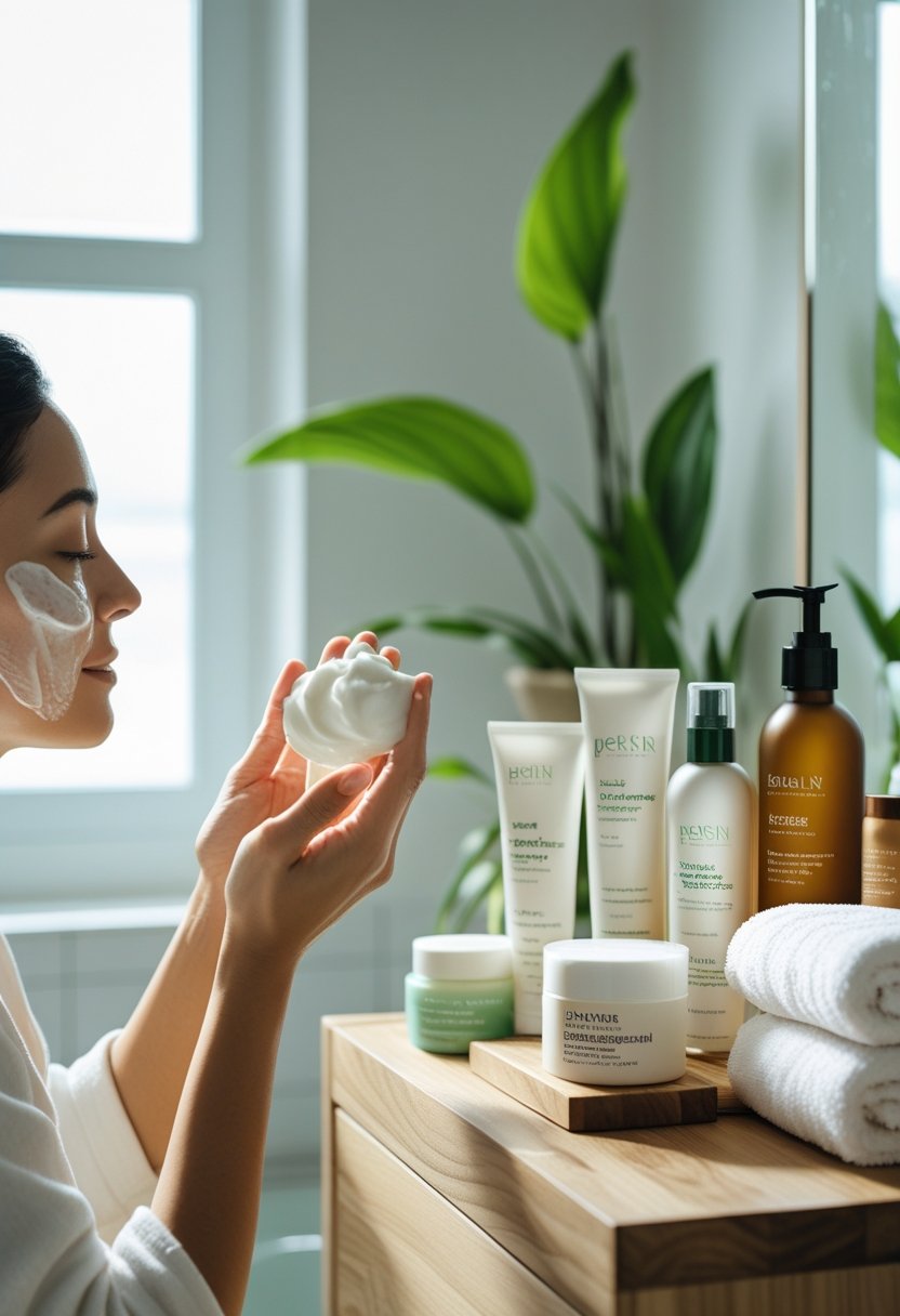 A woman gently applying cleanser to her dry skin in a bright bathroom with skincare products and towels on the counter.