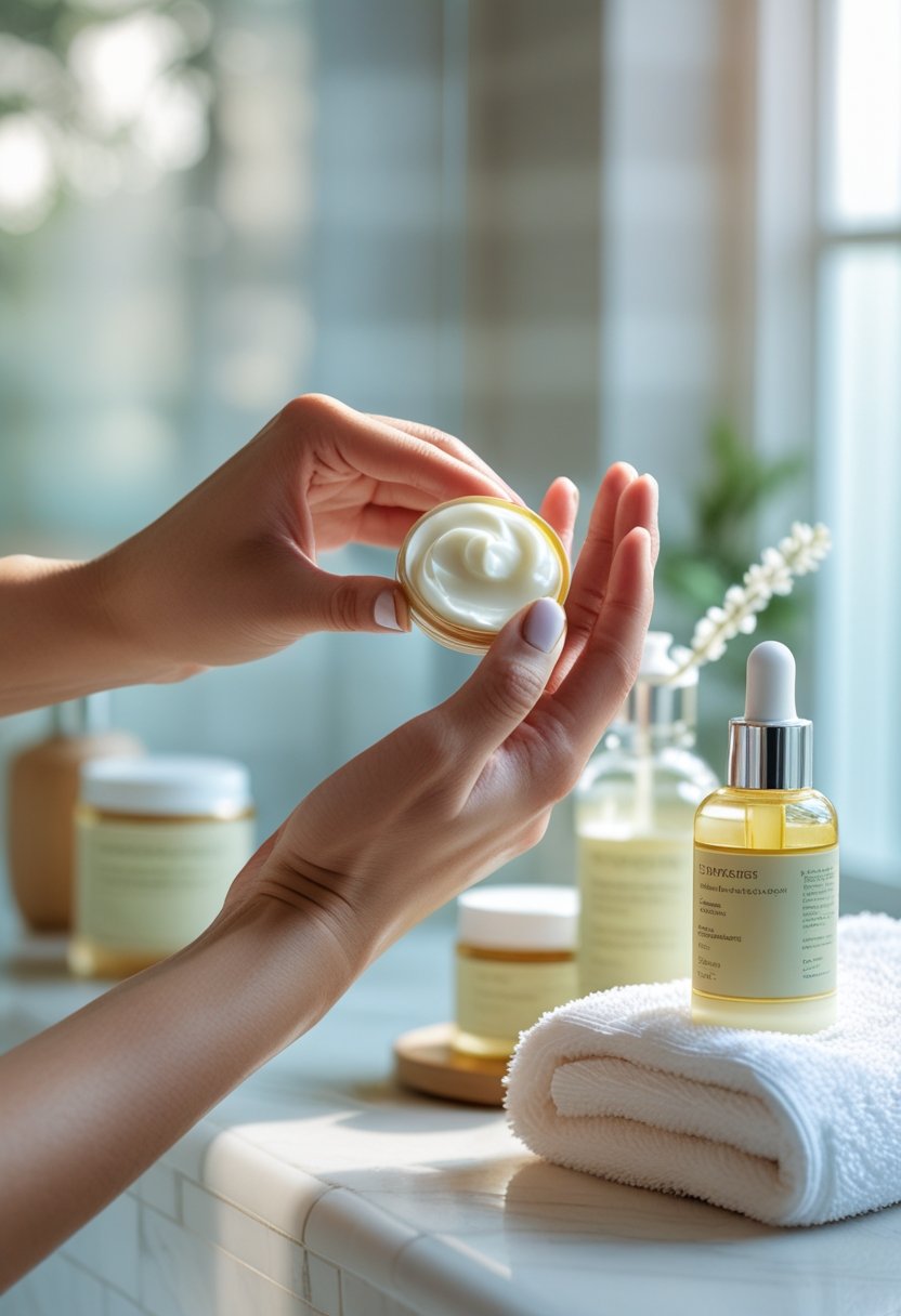 Close-up of hands applying moisturizer to the face with skincare products and a towel in the background.