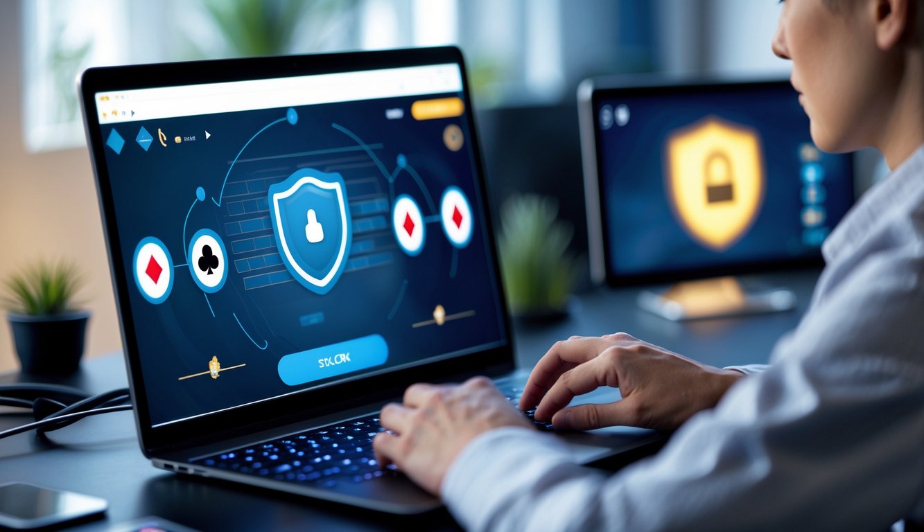 Seorang pemain poker online sedang bermain di depan komputer di ruangan yang rapi dan terang dengan simbol keamanan di layar.