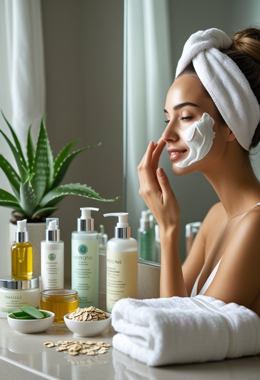 A woman applying moisturizer to her face at a bathroom vanity with skincare products and natural ingredients arranged nearby.