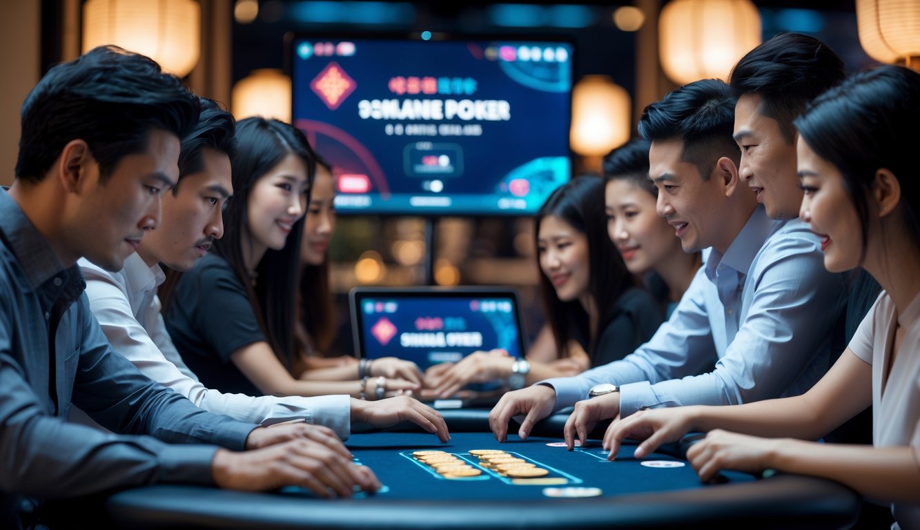 Beberapa pemain poker Asia duduk mengelilingi meja poker digital dengan ekspresi fokus dan antusias dalam suasana ruangan modern berdekorasi dengan elemen budaya Asia.