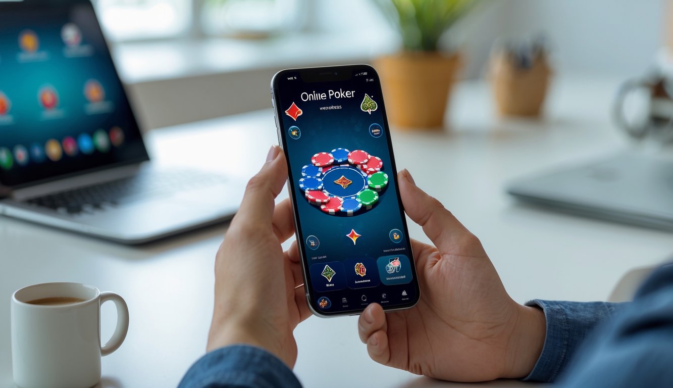 Seseorang menggunakan ponsel pintar untuk bermain poker online di meja kerja dengan laptop di sampingnya.