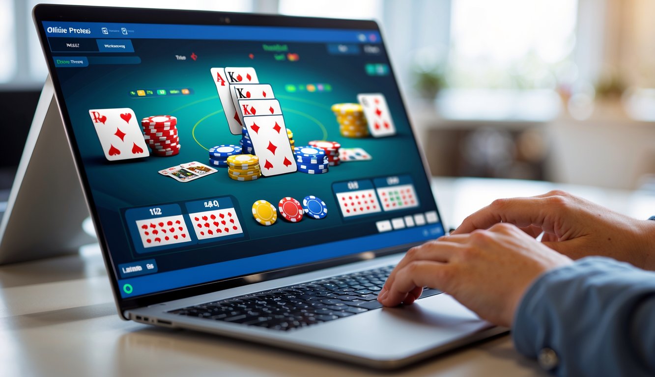 Seseorang bermain poker online di depan komputer dengan chip dan kartu poker di layar.
