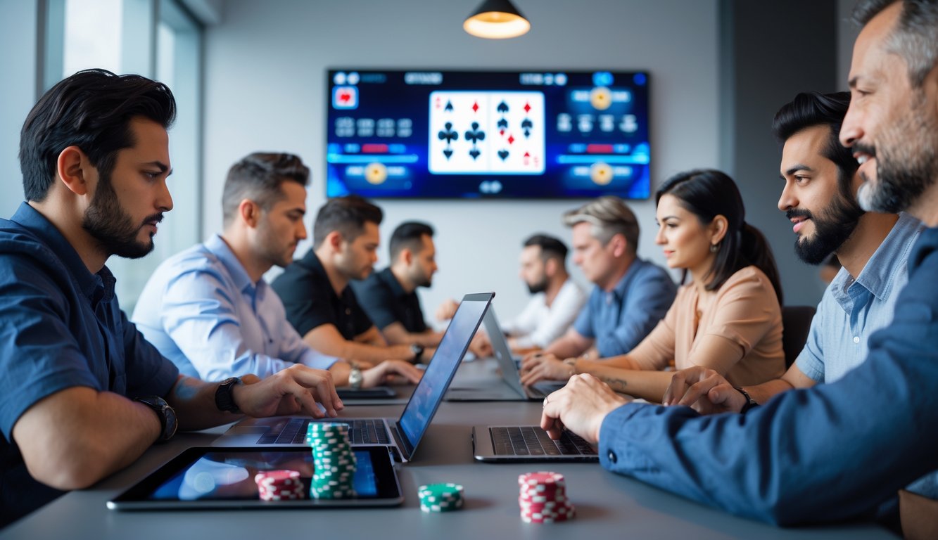 Sekelompok orang dewasa sedang bermain poker online menggunakan perangkat digital di sebuah ruangan modern.