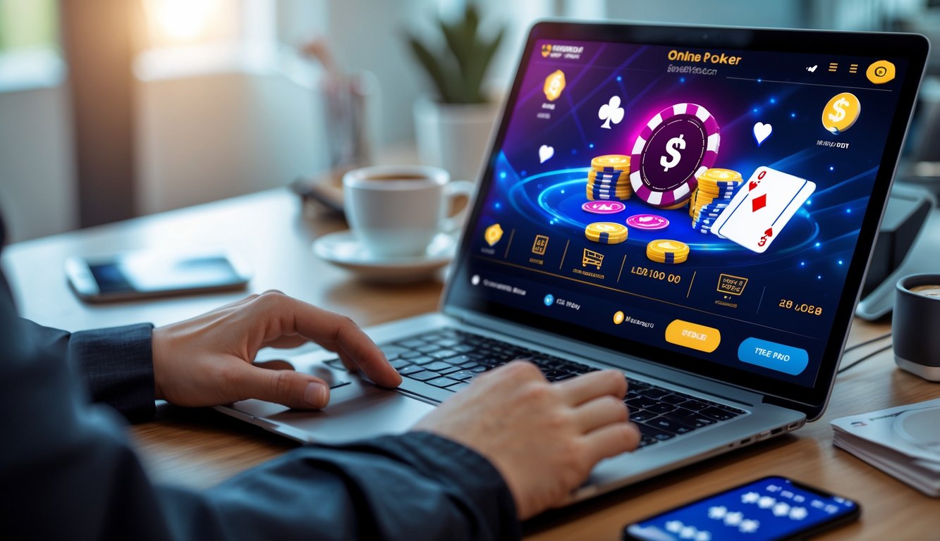 Seseorang menggunakan komputer dengan tampilan permainan poker dan ikon pembayaran digital yang menunjukkan metode pembayaran cepat.