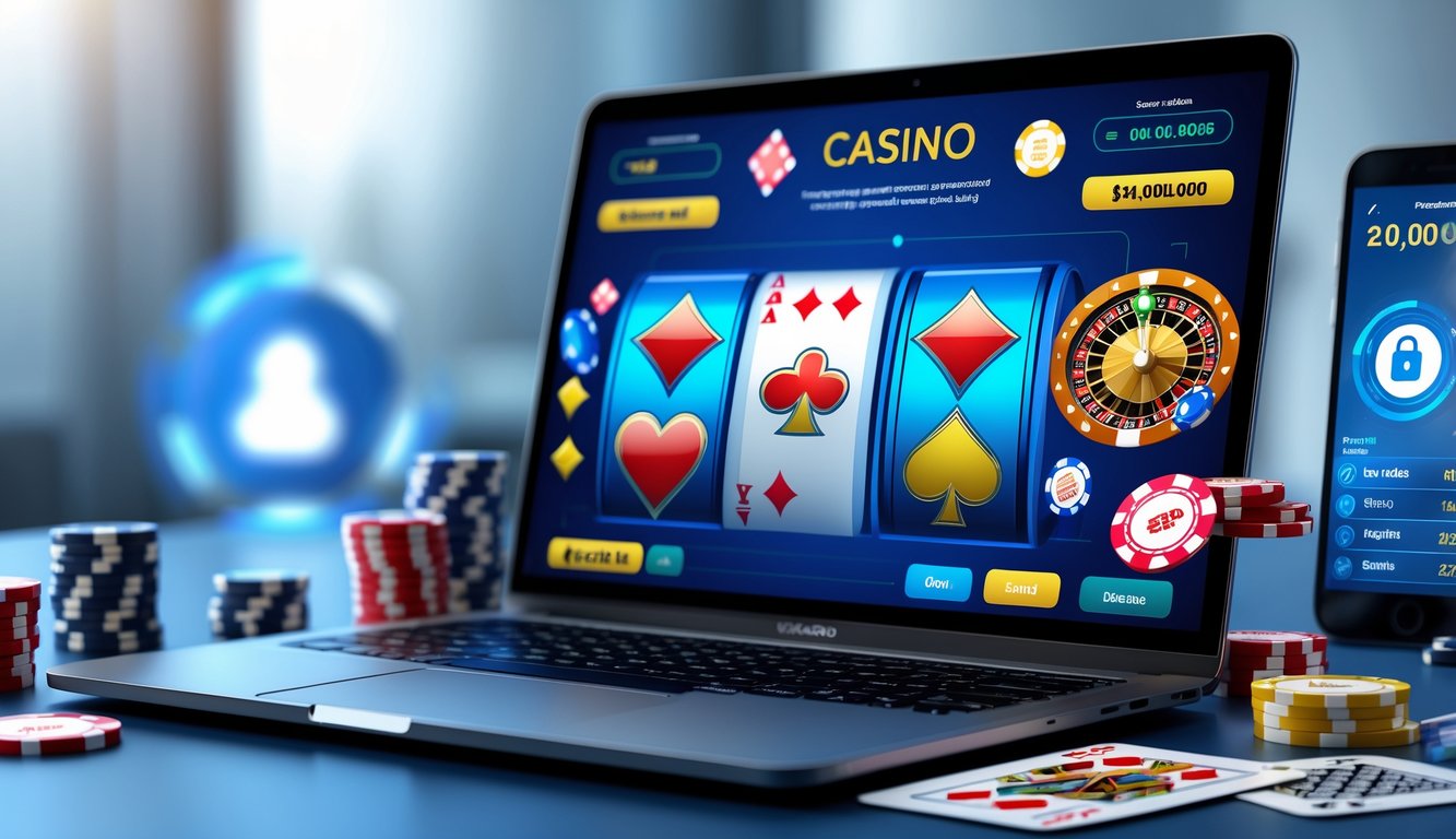 Sebuah meja kerja modern dengan laptop yang menampilkan permainan judi online dan beberapa chip poker serta kartu remi di sekitarnya.