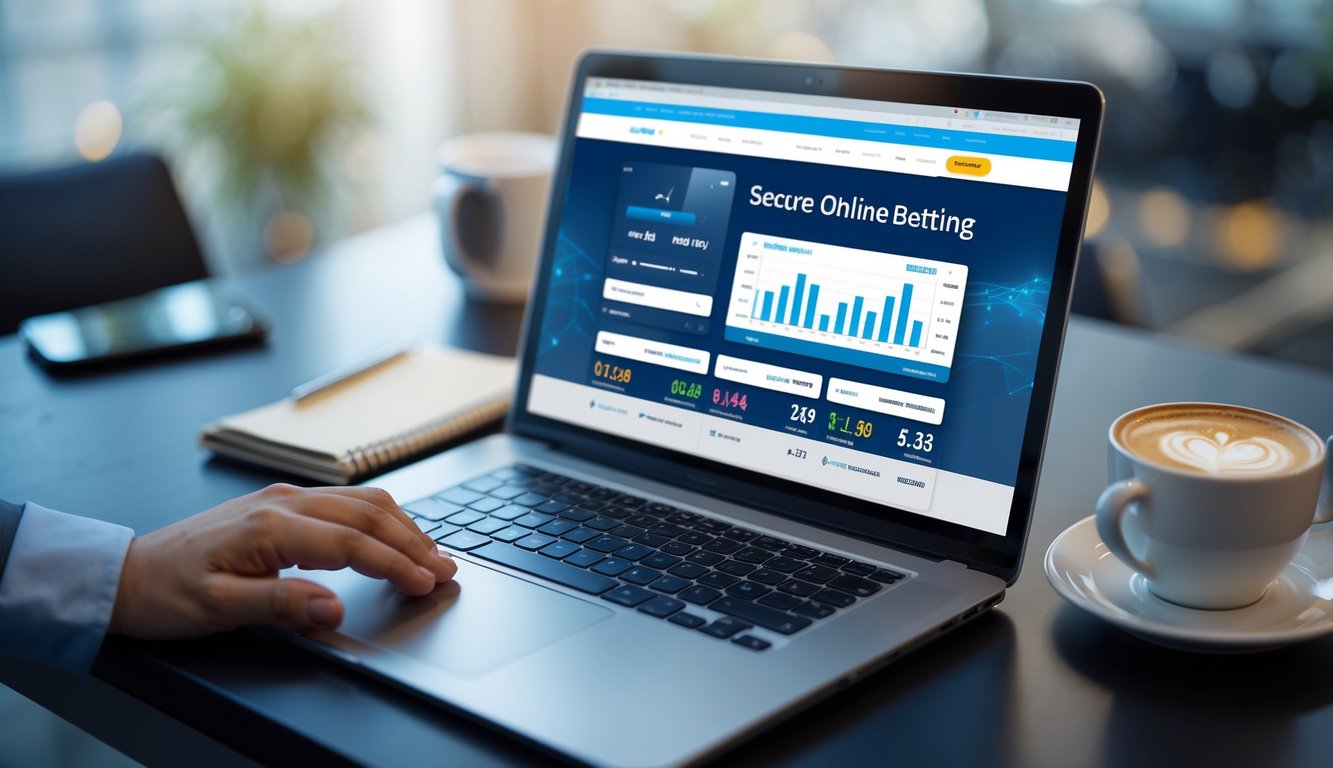 Seorang pengguna sedang menggunakan laptop dengan tampilan situs taruhan online yang aman di meja kerja.