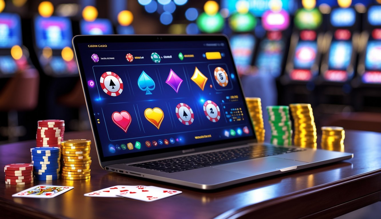 Sebuah laptop dengan layar menampilkan ikon permainan kasino online, dikelilingi oleh chip poker, kartu remi, dan koin emas di atas meja kayu.