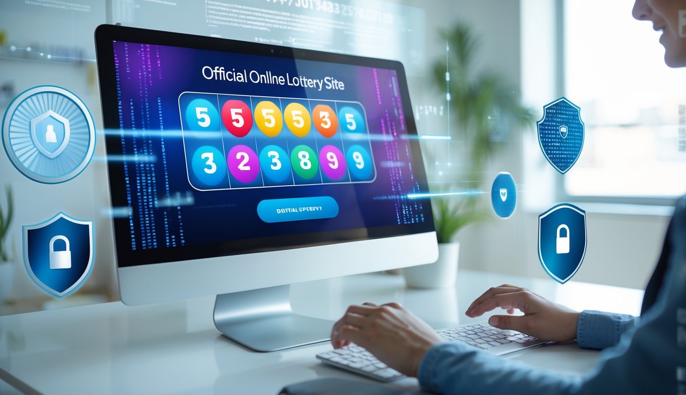 Seseorang menggunakan komputer di meja kerja modern dengan tampilan antarmuka lotre digital dan simbol keamanan di latar belakang.