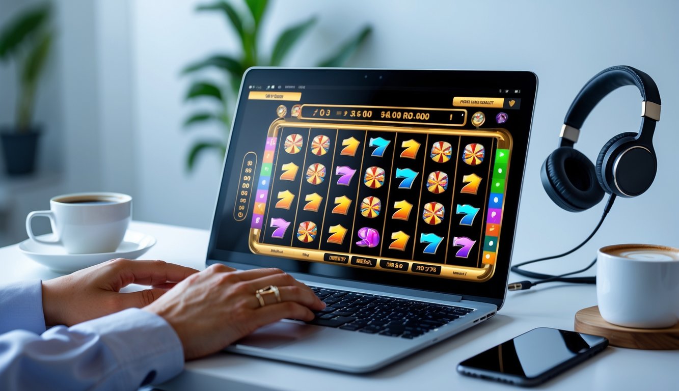 Seseorang menggunakan laptop di ruang tamu dengan permainan slot online yang berwarna-warni di layar.