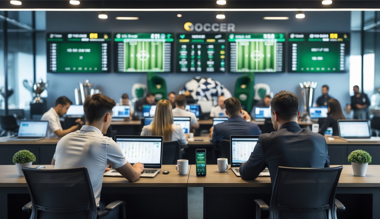 Beberapa orang sedang menggunakan laptop dan ponsel di ruangan modern dengan layar besar yang menampilkan pertandingan sepak bola.