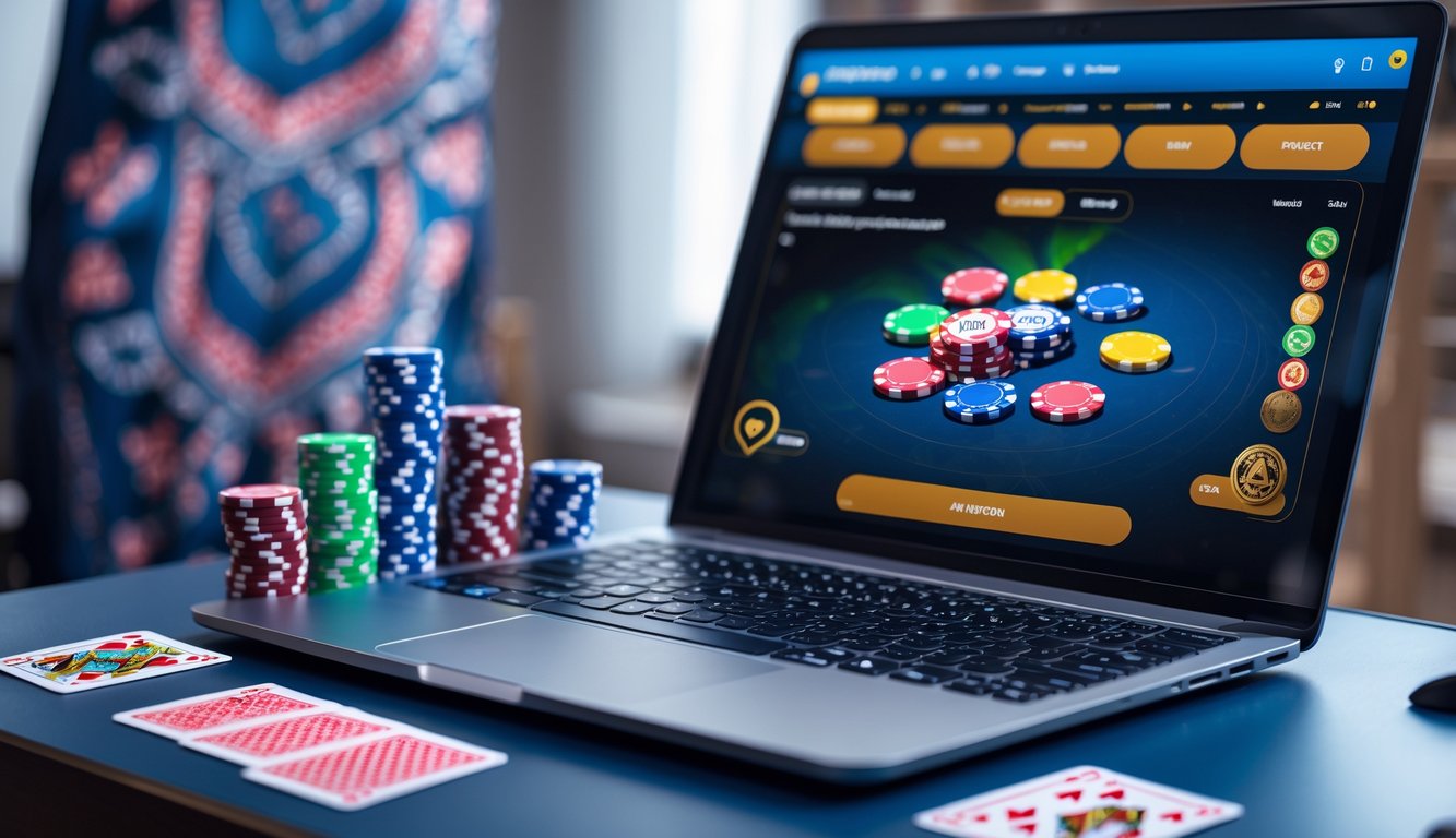 Sebuah meja kerja dengan komputer yang menampilkan permainan poker online dengan chip dan kartu poker, latar belakang terdapat motif batik Indonesia.