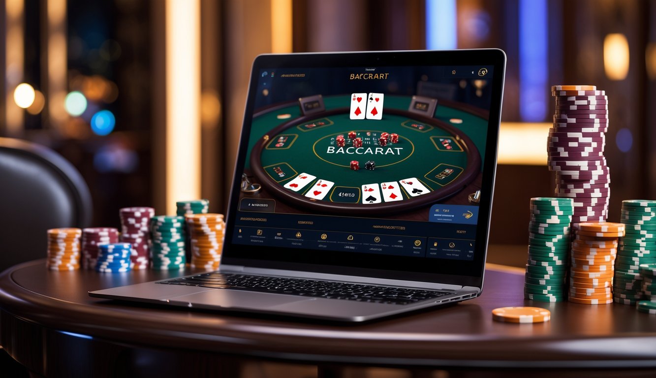 Sebuah meja dengan komputer menampilkan permainan baccarat online dengan kartu dan chip poker di sekitarnya.