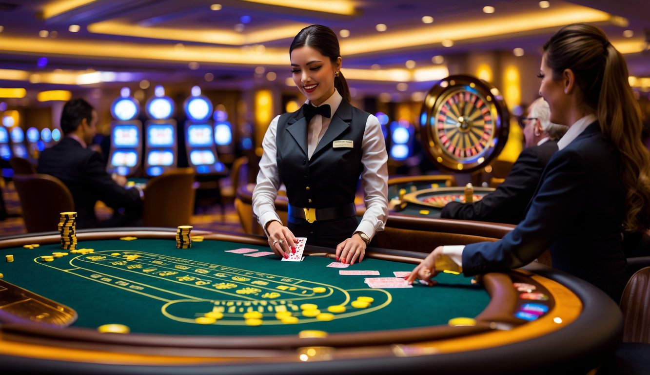 Seorang dealer wanita berdiri di meja kasino dengan pemain yang sedang bermain kartu di lingkungan kasino langsung.