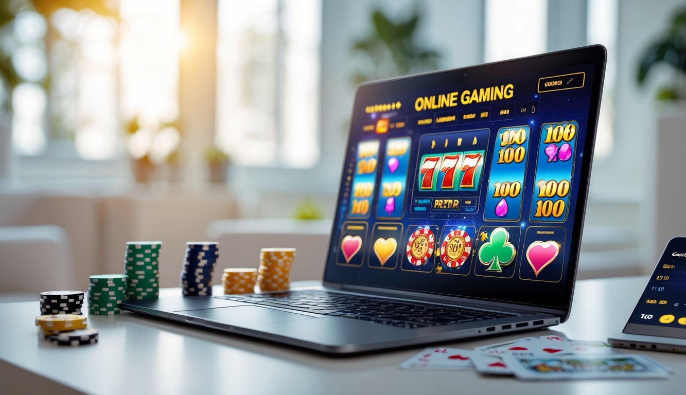Seorang pemain menggunakan laptop di meja dengan tampilan permainan judi online dan berbagai chip poker di sekitarnya.