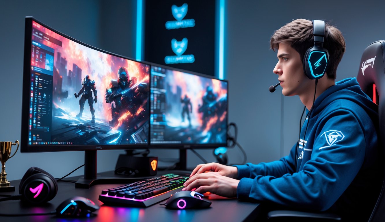 Seorang pemain esports muda fokus bermain di depan komputer dengan perlengkapan gaming lengkap dalam ruangan yang rapi dan terang.