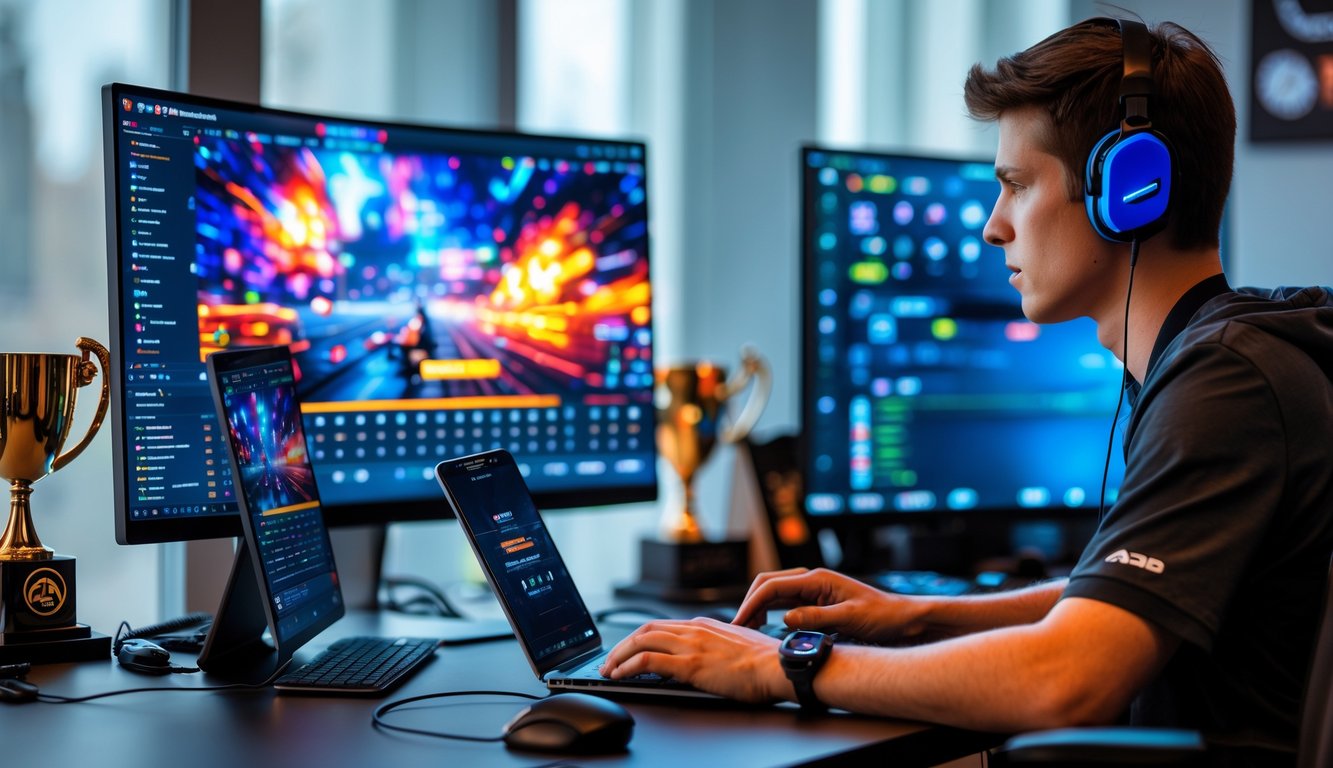 Seorang pria muda duduk di depan komputer dengan layar menampilkan permainan esports, menggunakan laptop dan ponsel di meja kerja yang dilengkapi dengan perlengkapan gaming.