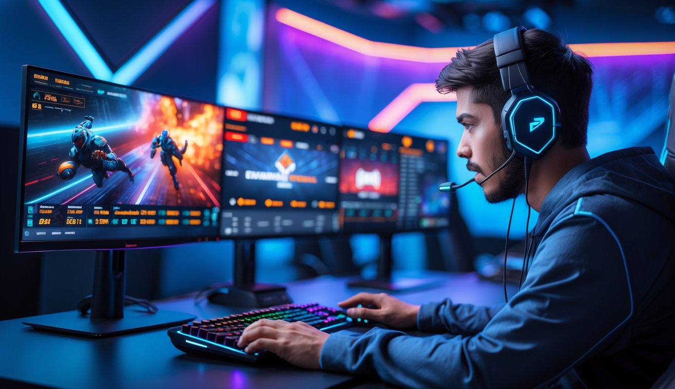 Seorang gamer muda sedang bermain di meja gaming modern dengan beberapa monitor yang menampilkan permainan esports dan taruhan langsung.