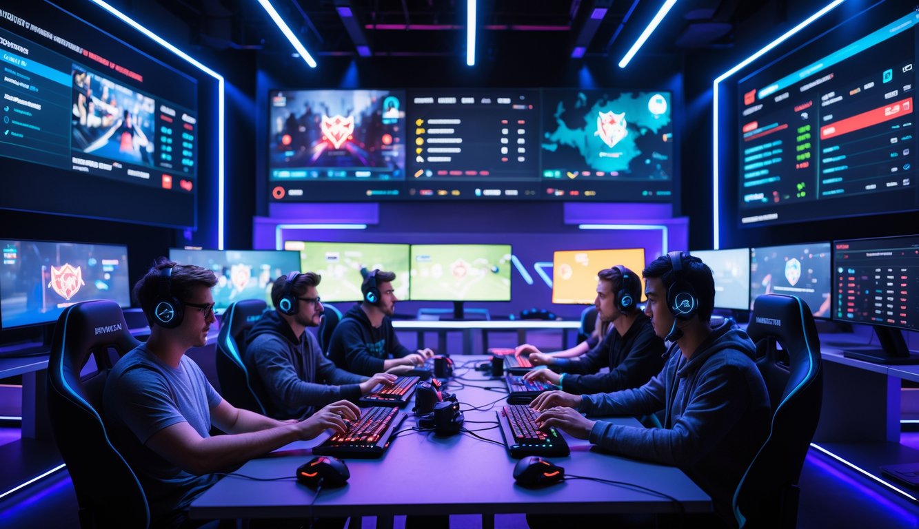 Sekelompok orang muda sedang menggunakan komputer dengan layar menampilkan pertandingan esports dan informasi taruhan.