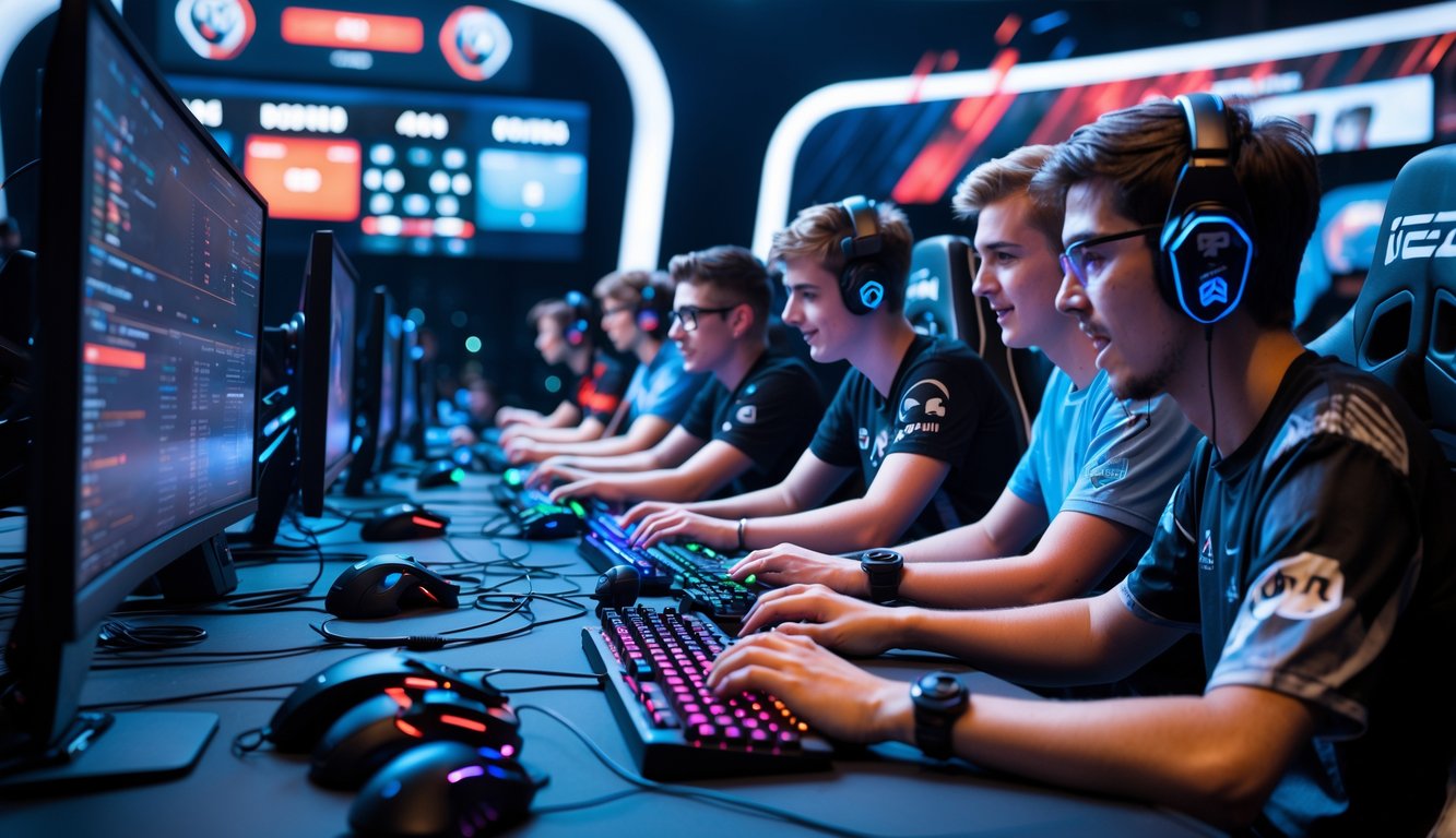 Sekelompok orang muda sedang bermain game esports di ruang kompetisi dengan peralatan gaming canggih dan layar besar.