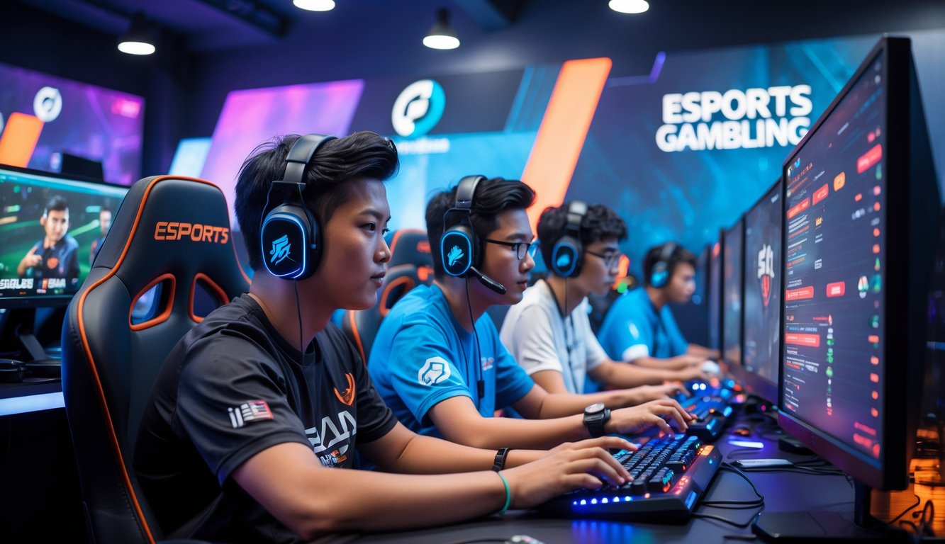 Beberapa orang muda Indonesia bermain esports di ruang game modern dengan komputer dan monitor besar, fokus dan serius dalam kompetisi.