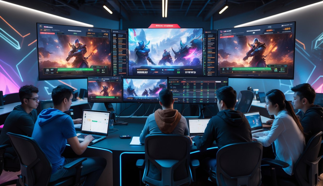 Sekelompok orang muda sedang berkumpul di depan beberapa monitor yang menampilkan permainan League of Legends dan data taruhan, terlihat serius dan fokus.
